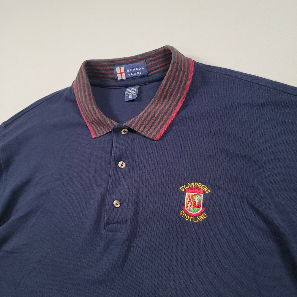 Bermuda Sands Men Polo Shirt XXL St Andrews Scotland Logo Navy‎ Cotton